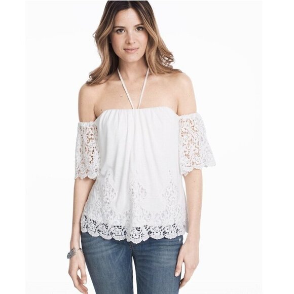 White House Black Market Tops - White House Black Market White Eyelet Lace Halter off the shoulder top, Size 2